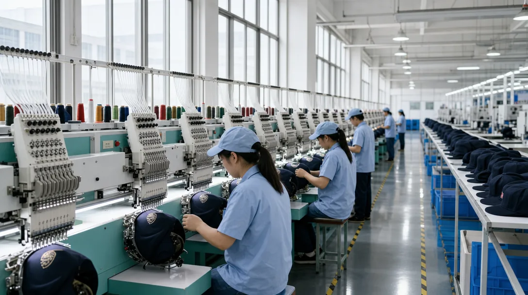 CrownsForge headwear manufacturing facility — 6500 square meter vertically-integrated custom hat factory in Yiwu