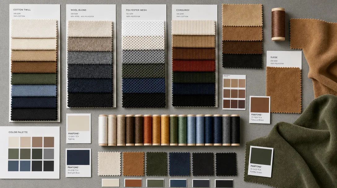 Fabric color swatches and material samples — cotton twill, wool melton, recycled polyester, organic cotton for custom hat manufacturing