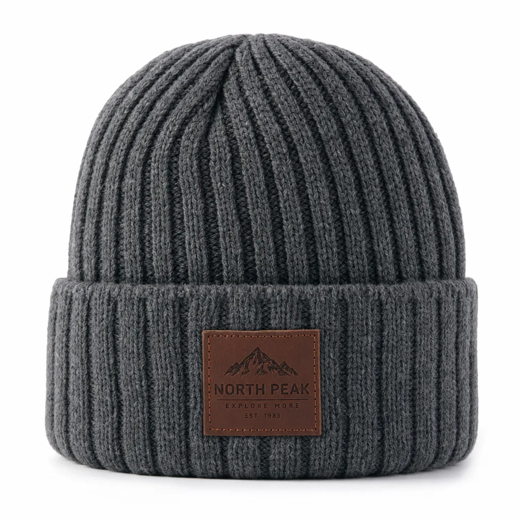 Custom cuffed knit beanie in merino wool with woven label decoration