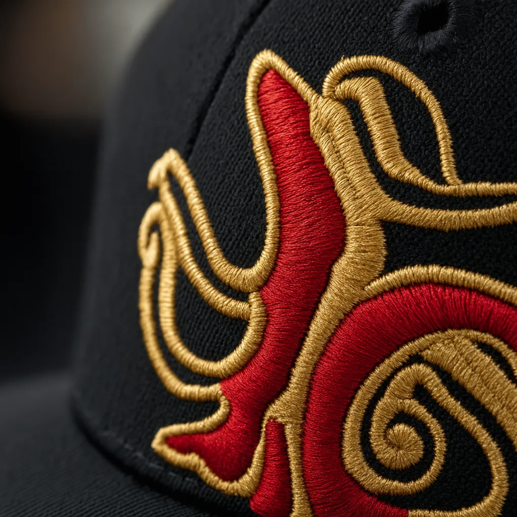 Flat embroidery on baseball cap — densely packed satin stitches with multi-color thread for detailed emblem