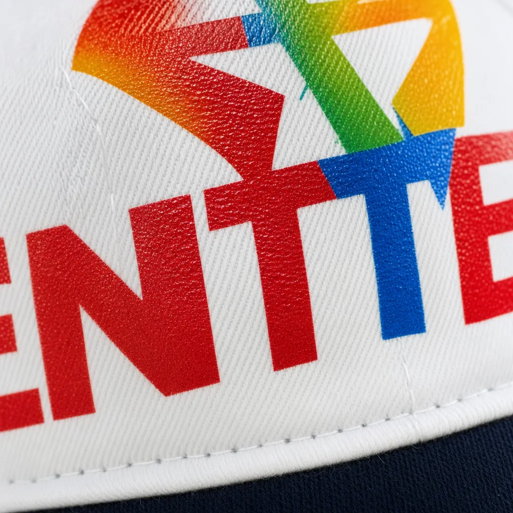 Screen printing decoration on bucket hat fabric panel with bold graphic single-color ink coverage